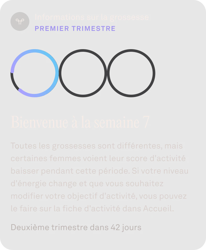 Application Oura affichant un calendrier avec des cercles de progression dans informations sur la grossesse